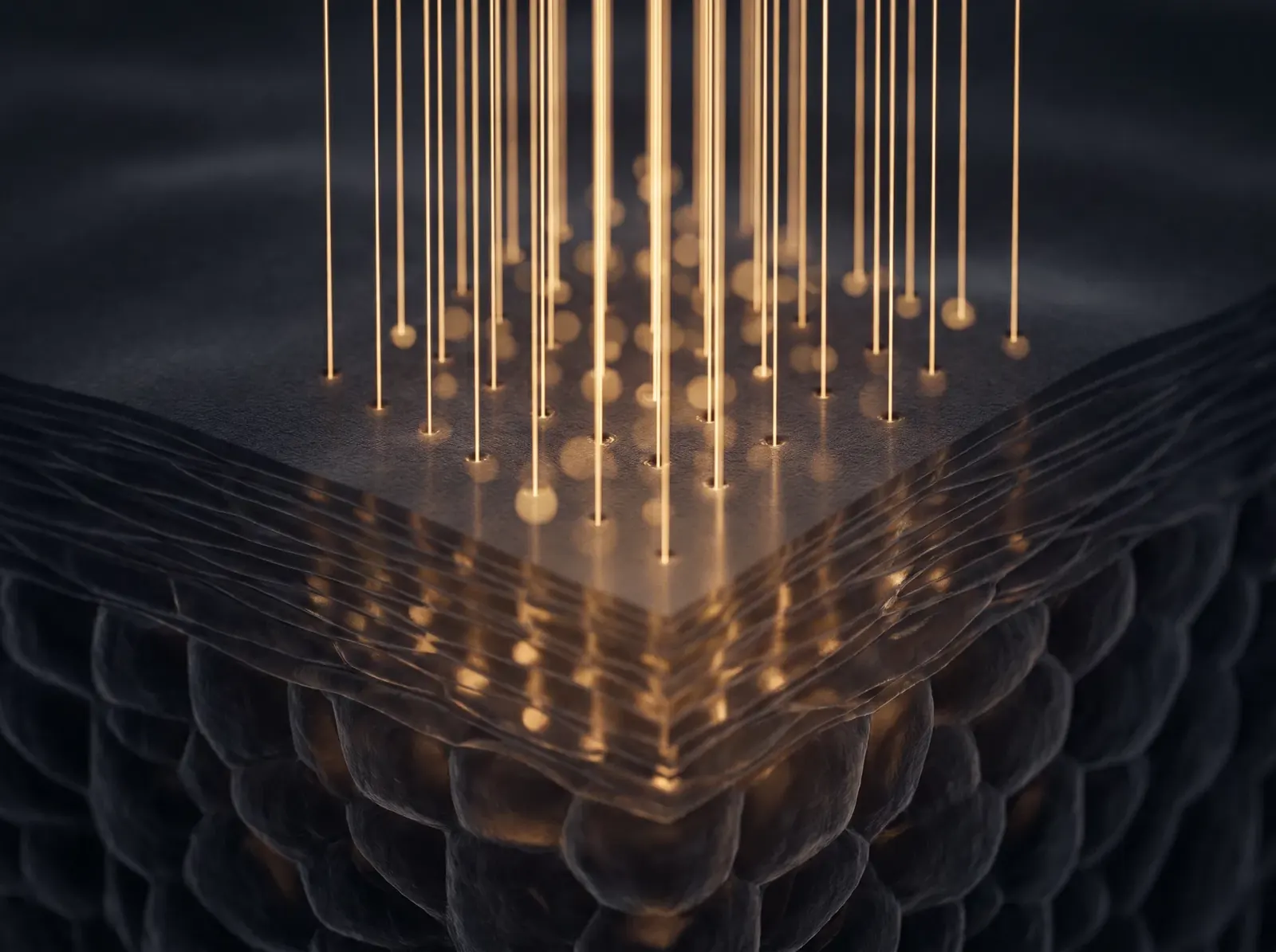Stylized cross-section of high-density fractional CO2 micro-columns reaching the deep dermis