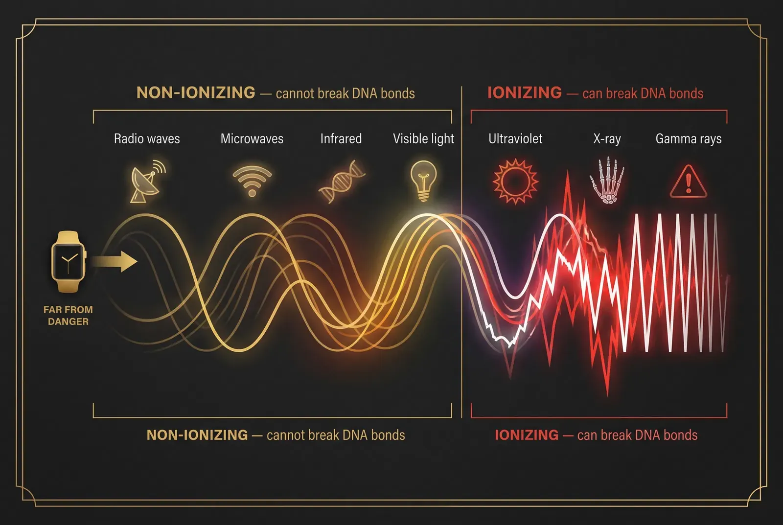Electromagnetic spectrum diagram showing non-ionizing (radio, microwave, infrared, visible) vs ionizing (UV, X-ray, gamma) radiation — Apple Watch sits far from the danger zone