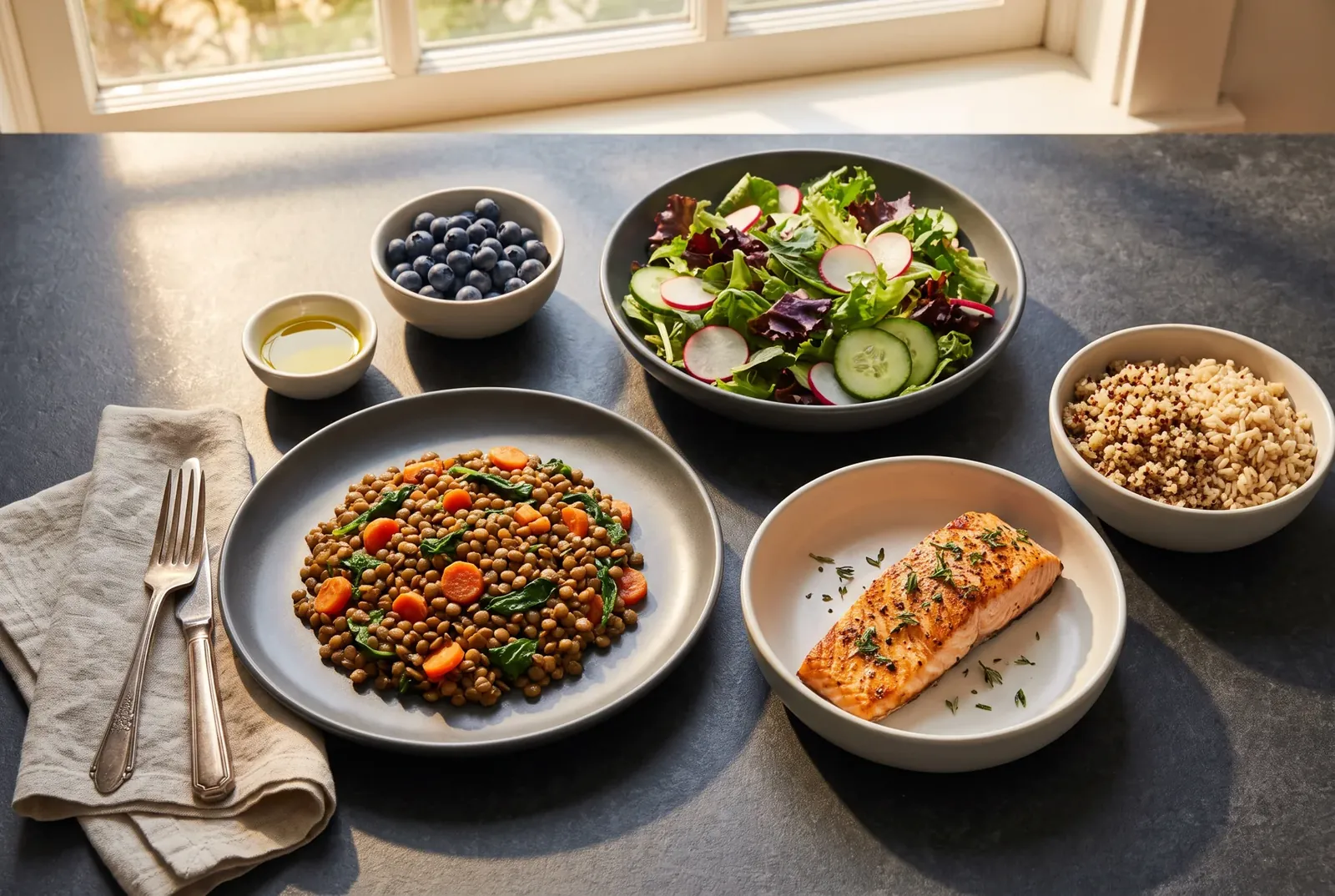 A food-first meal: salmon, lentils with vegetables, salad greens, whole grains and blueberries