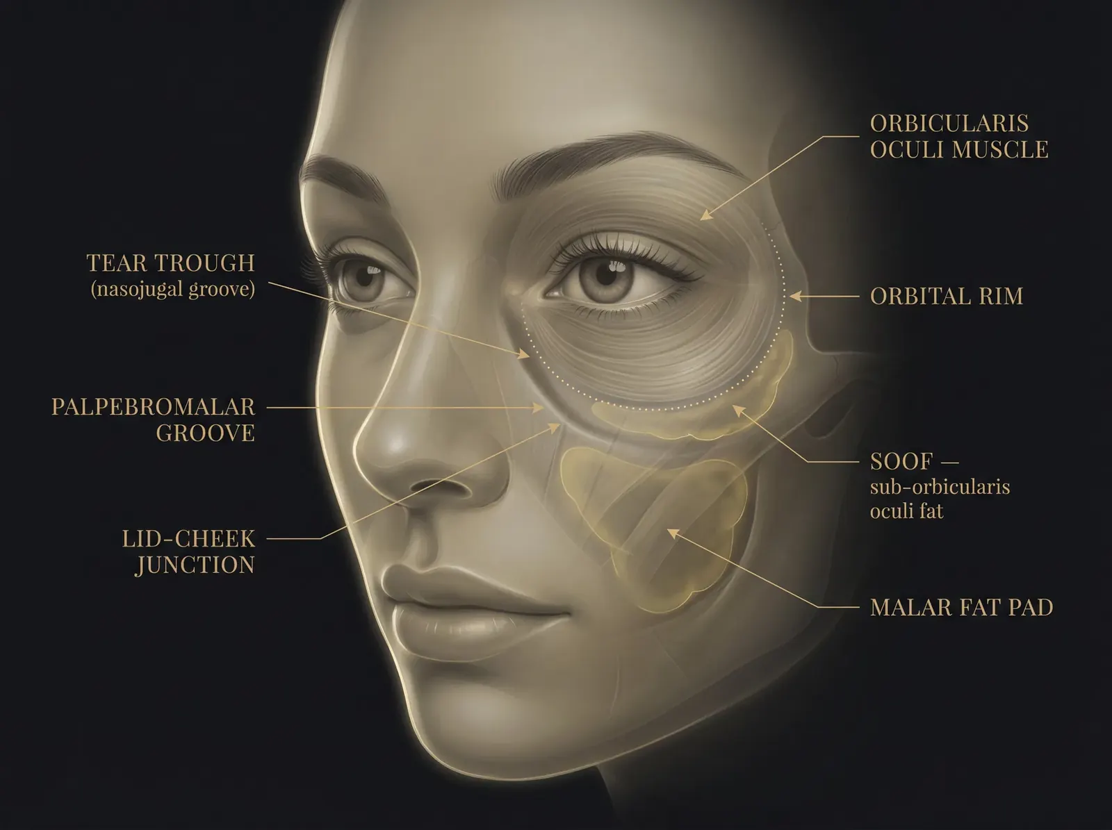 Labeled periorbital anatomy showing the tear trough, palpebromalar groove, lid-cheek junction, orbital rim, SOOF and malar fat pad