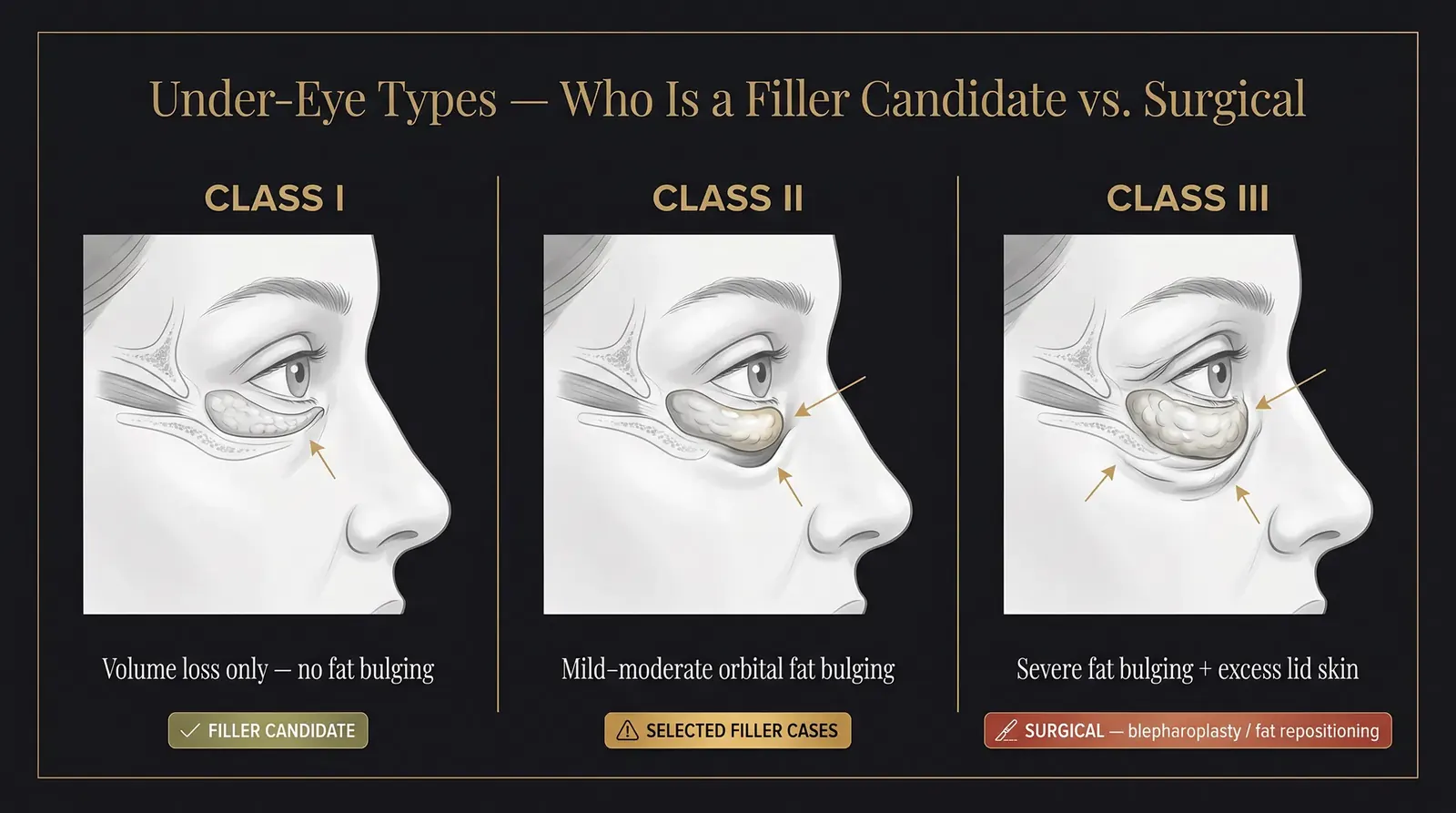 Three-class diagram of under-eye types: Class I filler candidate, Class II selected filler cases, Class III surgical