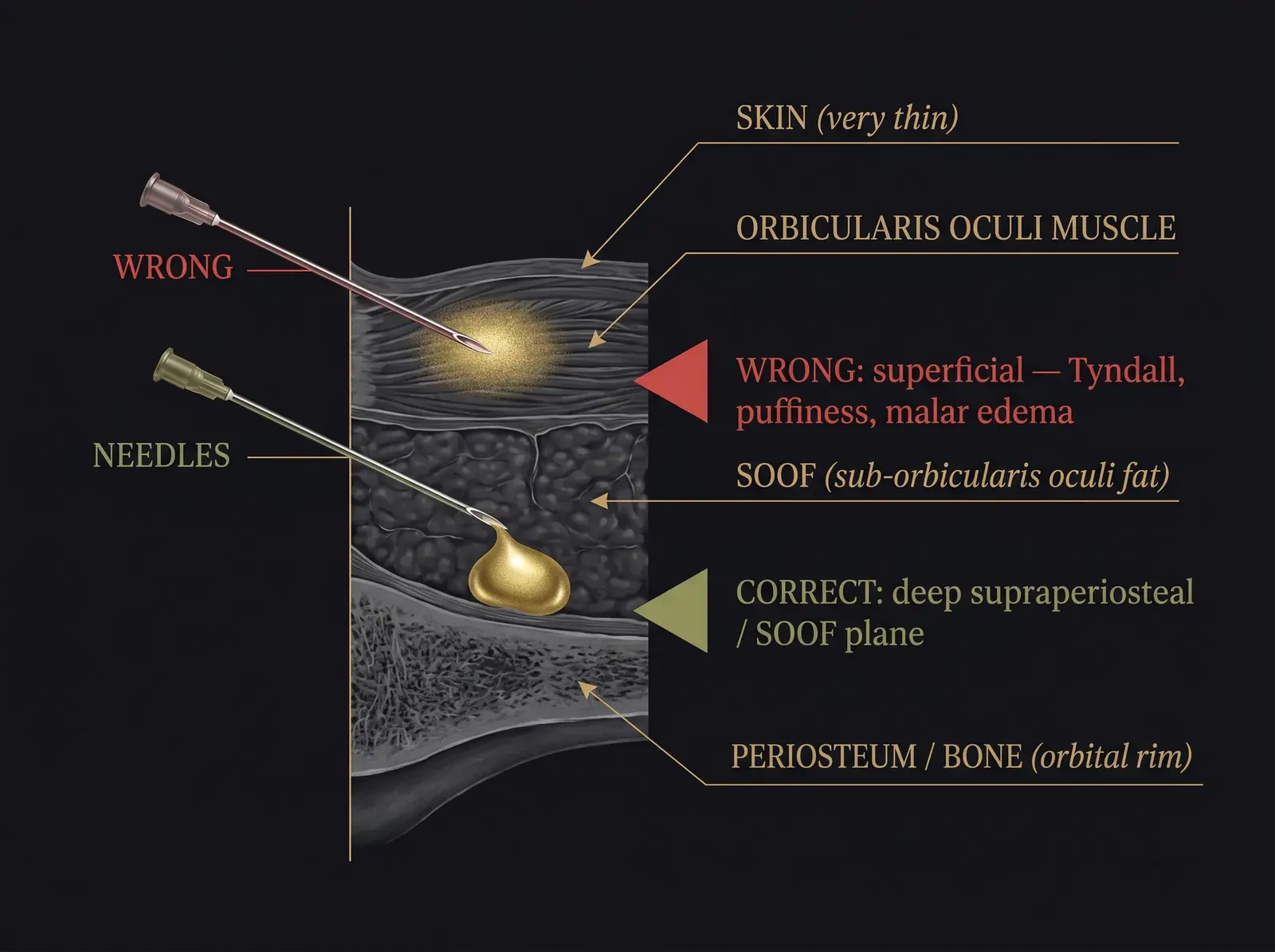 Cross-section showing correct deep supraperiosteal/SOOF injection plane versus wrong superficial placement causing Tyndall and malar edema