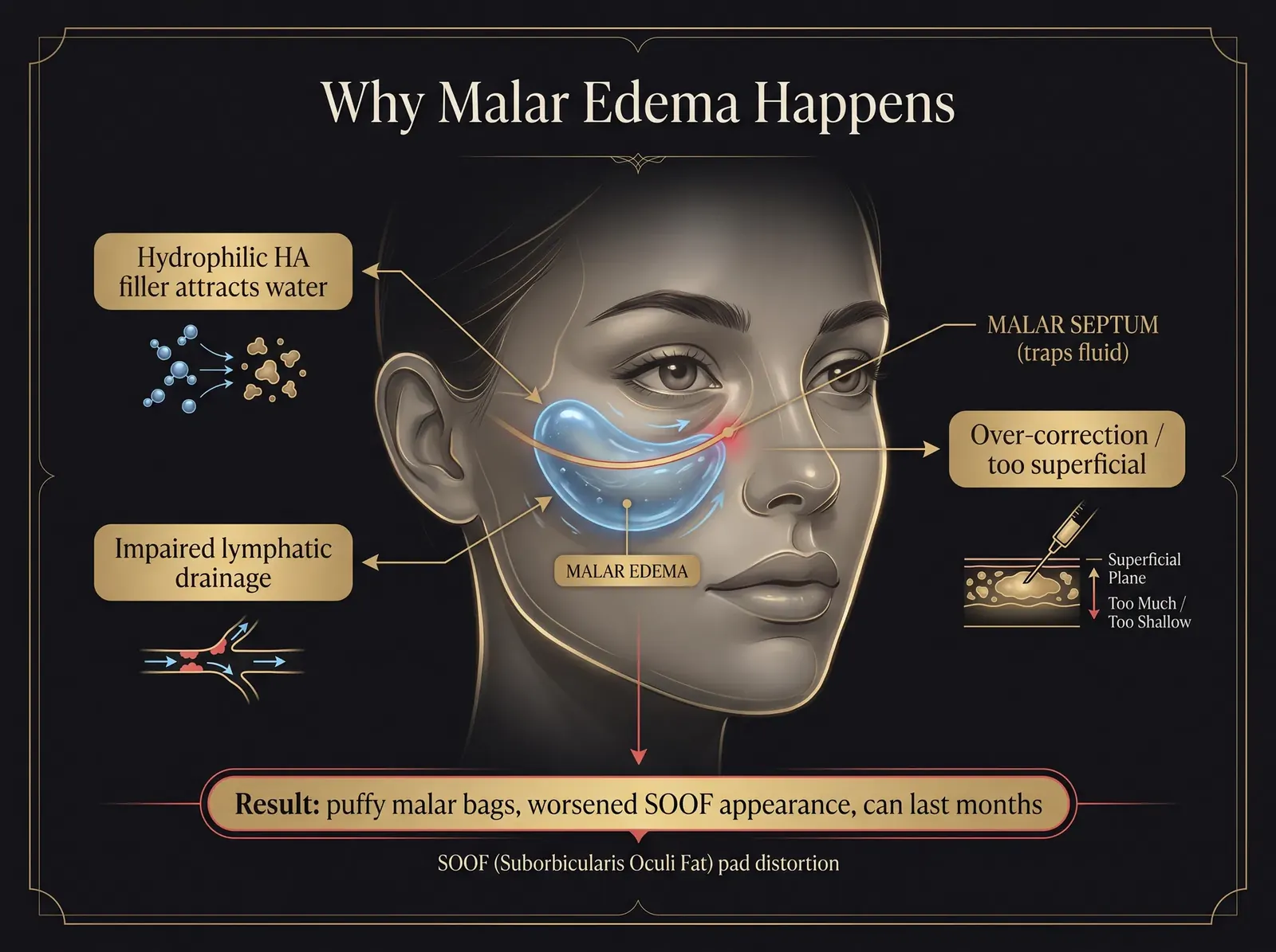 Mechanism diagram of malar edema: hydrophilic HA, impaired lymphatic drainage, malar septum trapping fluid, over-correction