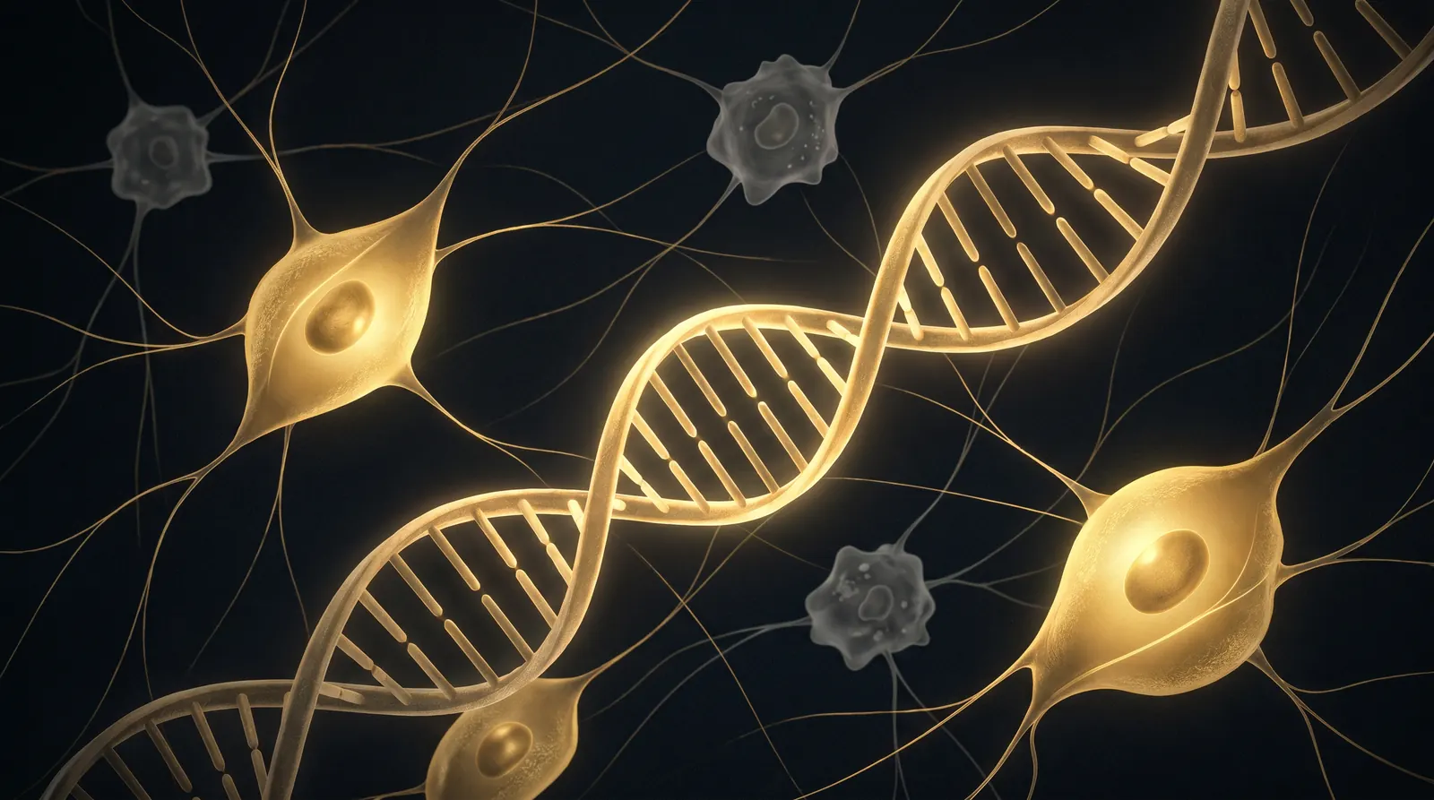 An elegant scientific visualization of DNA and cellular renewal in warm gold on black