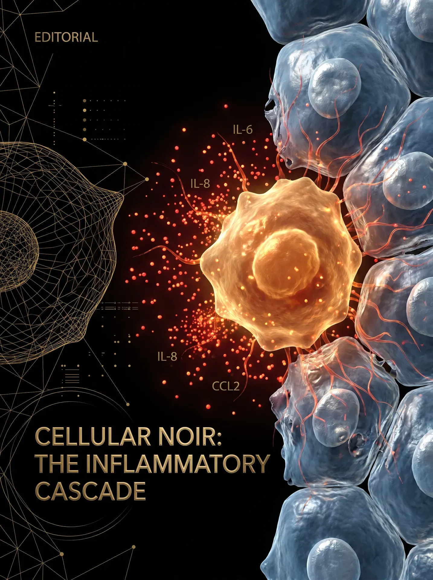 Scientific visualization of a senescent cell releasing SASP inflammatory signals (IL-6, IL-8, CCL2) that damage neighboring healthy cells